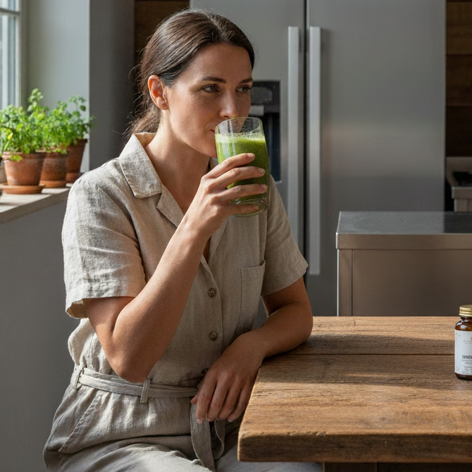 Persona bebiendo SYNERGIC nuestro complemento alimenticio a base de microgreens liofilizados.