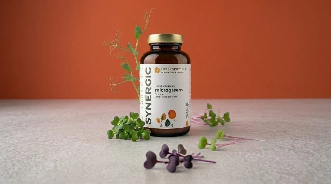 Bote de SYNERGIC rodeado de microgreens frescos sobre fondo terracota